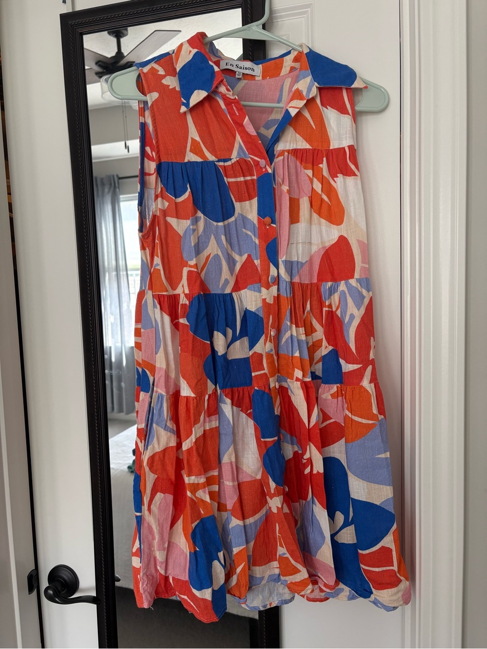 En Saison Vibrant Abstract Floral Button-Up Dress in Blue, Red, Orange, Pink